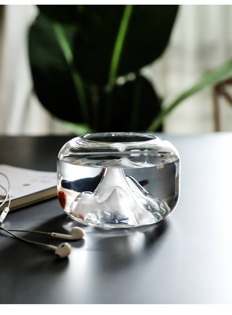 Glass Fish Bowl with Mountain Decoration