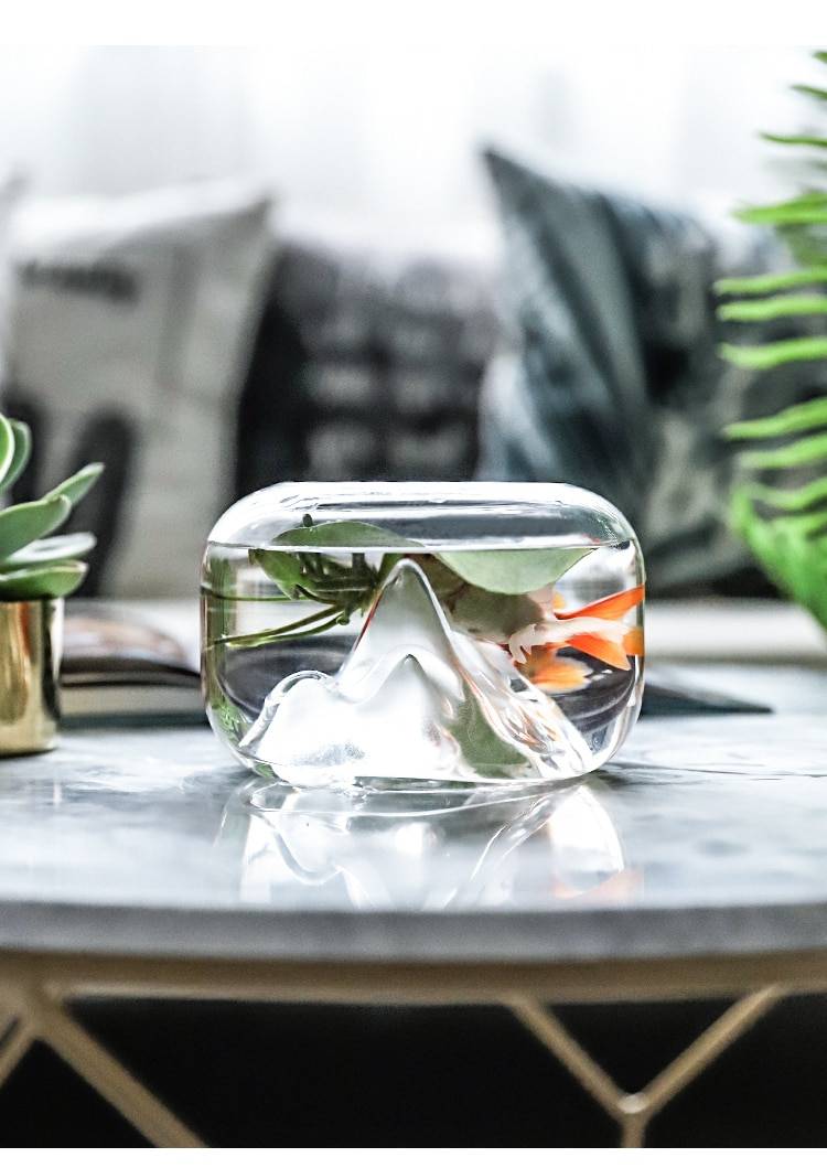 Glass Fish Bowl with Mountain Decoration