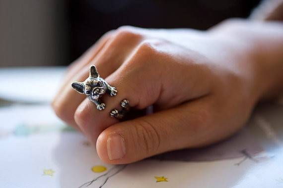 Cute unisex French Bulldog shaped ring color antique silver